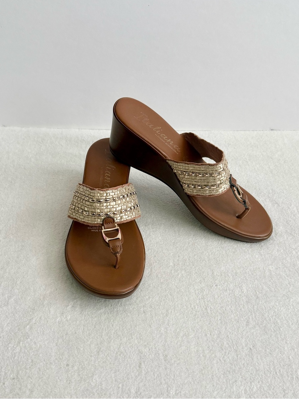 Italian Shoemakers Brown Wedge Thong Sandals with Metallic Braided Strap